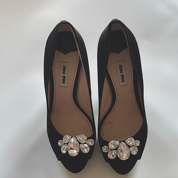 Miu Miu Black Satin Calzature Raso Open Toe Swarovski Crystal 4" Heels - Picture 5 of 9
